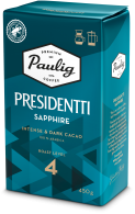 Sininen Presidentti Sapphire -tuotepakkaus, jossa valkoista ja kultaista tekstiä